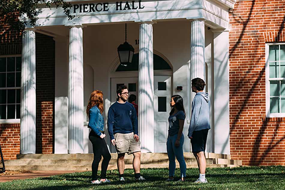 Students gather outside Pierce Hall.