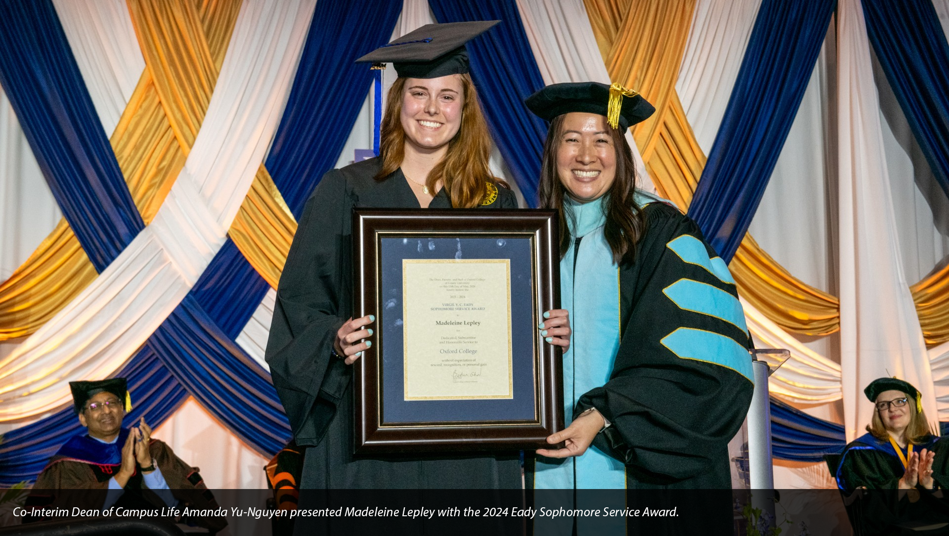 Co-Interim Dean of Campus Life Amanda Yu-Nguyen presented Madeleine Lepley with the 2024 Eady Sophomore Service Award.